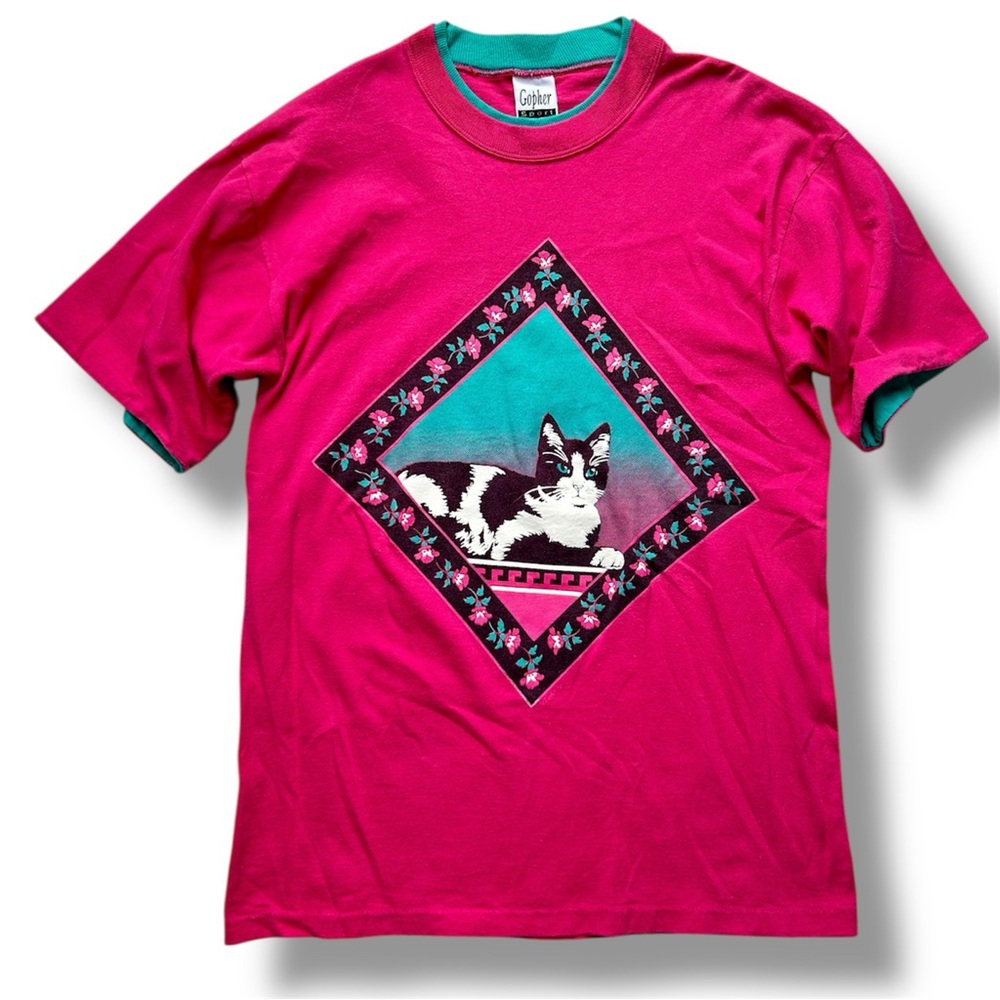Gopher Sport Vintage Pink and Teal Cat Graphic T-Shirt size M Single Stitch